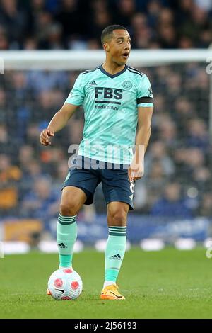 Everton, UK. 20th Apr, 2022. Youri Tielemans of Leicester City in action. Premier League match, Everton v Leicester City at Goodison Park in Liverpool on Wednesday 20th April 2022. this image may only be used for Editorial purposes. Editorial use only, license required for commercial use. No use in betting, games or a single club/league/player publications. pic by Chris Stading/Andrew Orchard sports photography/Alamy Live news Credit: Andrew Orchard sports photography/Alamy Live News Stock Photo