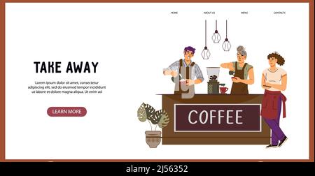 Take away cafe website template with baristas prepare coffee, flat vector. Stock Vector