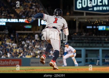 Atlanta Braves second baseman Ozzie Albies (1) steals second base during a MLB game against the Los Angeles Dodgers, Tuesday, April 19, 2022, at Dodge Stock Photo
