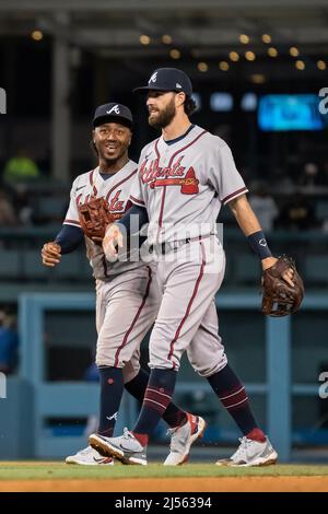 Atlanta Braves second baseman Ozzie Albies (1) and shortstop Dansby Swanson (7) during a MLB game against the Los Angeles Dodgers, Tuesday, April 19, Stock Photo