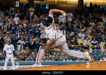 Atlanta Braves relief pitcher Kenley Jansen (74) throws during a MLB game ad, Tuesday, April 19, 2022, at Dodger Stadium, in Los Angeles, CA. The Atl Stock Photo