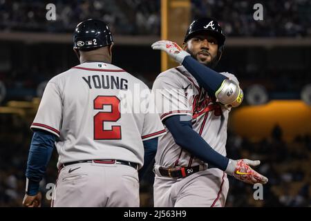Atlanta Braves left fielder Marcell Ozuna (20) reacts after hitting a single during a MLB game, Tuesday, April 19, 2022, at Dodger Stadium, in Los Ang Stock Photo