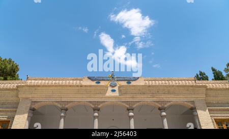 Faravahar mosaic symbol on Zoroastrian fire temple Atash Behram in old city Stock Photo