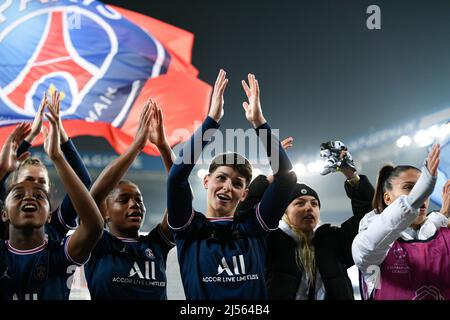 Elisa de Almeida and the team of PSG celebrates during the UEFA Women's Champions League, Quarter-finals, 2nd leg football match between Paris Saint-Germain (PSG) and FC Bayern Munich (Munchen) on March 30, 2022 at Parc des Princes stadium in Paris, France - Photo Victor Joly / DPPI Stock Photo