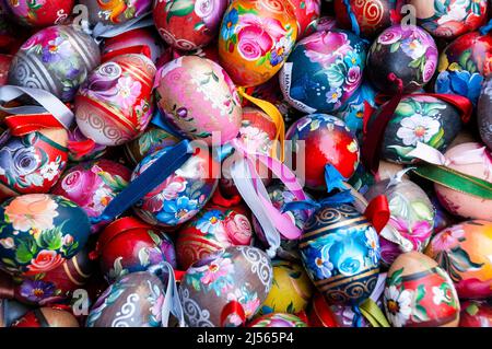 Pysanky, traditional Ukrainian decorated eggs, in Budapest, Hungary. Stock Photo