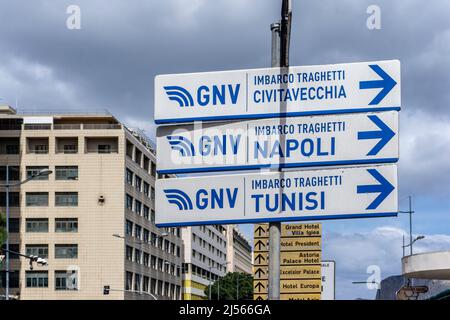 Near the docks area of Palermo, Sicily, Italy signs for ferries boarding for Civitavecchia, Naples and Tunis. Stock Photo