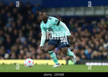 Everton, UK. 20th Apr, 2022. Nampalys Mendy of Leicester City in action. Premier League match, Everton v Leicester City at Goodison Park in Liverpool on Wednesday 20th April 2022. this image may only be used for Editorial purposes. Editorial use only, license required for commercial use. No use in betting, games or a single club/league/player publications. pic by Chris Stading/Andrew Orchard sports photography/Alamy Live news Credit: Andrew Orchard sports photography/Alamy Live News Stock Photo