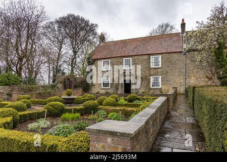 Pockerley Old Hall in Beamish Museum is a country house and associated farm buildings in the east of the site, outside and to the east of the tramway. Stock Photo