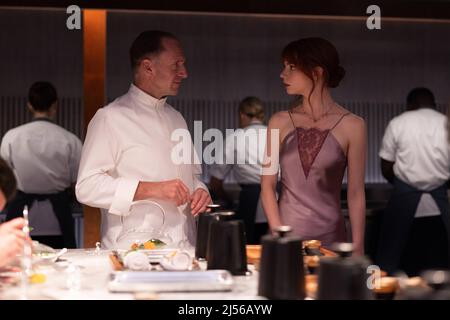RELEASE DATE: November 18, 2022. TITLE: The Menu. STUDIO:Searchlight Pictures. DIRECTOR: Mark Mylod. PLOT: A young couple travel to a remote island to eat at an exclusive restaurant where the chef has prepared a lavish menu, with some shocking surprises.. STARRING: RALPH FIENNES as Chef Slowik, ANYA TAYLOR-JOY as Margot. (Credit Image: © Searchlight Pictures/Entertainment Pictures) Stock Photo
