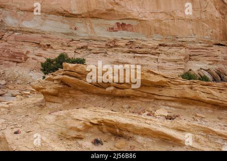 The Temple Mountain pictograph panel, on  the San Rafael Swell in Utah, is an example of two different cultures.  The Barrier Canyon-style rock art at Stock Photo