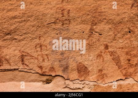 A pictograph rock art panel depicting anthropomorphic figures in Montezuma Canyon in Utah.  This Ancestral Puebloan Native American rock art is about Stock Photo