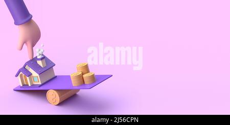 House and golden coin on balancing scale isolated. Business mortgage investment and financial loan concept. 3D rendering Stock Photo