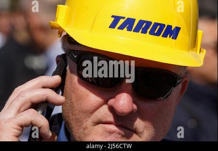 Bucharest, Romania - April 06, 2022: Narcis Pascu, president of the United Trade Union from TAROM airline company, protest at an union rally against u Stock Photo