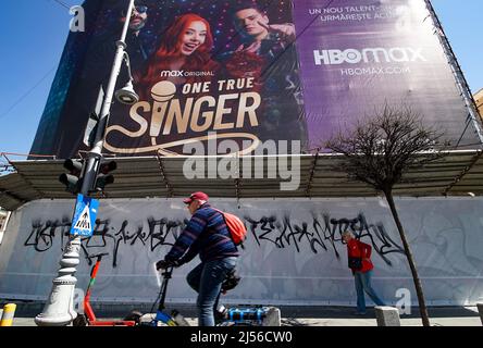 Bucharest, Romania - April 06, 2022: Extra large banner advertising One True Singer show is displayed on a building, in Bucharest. Stock Photo