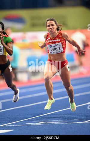 Maria Isabel Perez participating in the Belgrade 2022 World Indoor Championships in the 60 meters. Stock Photo