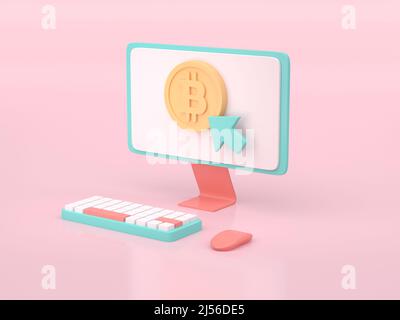 Computer with 3D bitcoin icon. 3D render Stock Photo