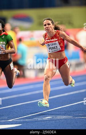 Maria Isabel Perez participating in the Belgrade 2022 World Indoor Championships in the 60 meters. Stock Photo