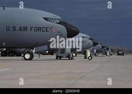 A row of U.S. Air Force KC-135 Stratotanker aircraft from the Iowa Air National Guard on the flight line in Sioux City Iowa on April 19, 2022. U.S. Air National Guard photo Senior Master Sgt. Vincent De Groot Stock Photo