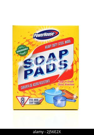 IRVINE, CALIFORNIA - 20 APR 2022: A box of Powerhouse Soap Pads, steel wool pads. Stock Photo