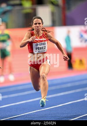 Maria Isabel Perez participating in the Belgrade 2022 World Indoor Championships in the 60 meters. Stock Photo