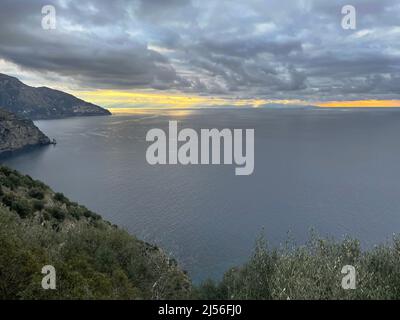 The Amalfi Coast with the view of the Gulf of Salerno, seen in a beautiful cloudy morning