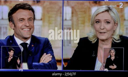 MACRON AND LE PEN IN TV PRESIDENTIAL DEBATE Stock Photo