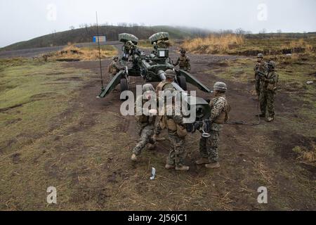 Kusu, Oita, Japan. 14th Apr, 2022. U.S. Marines assigned to 3d Battalion, 12th Marines, 3d Marine Division, position an M777 towed 155 mm howitzer during Artillery Relocation Training Program 22.1 at the Japan Ground Self-Defense Force Hijudai Training Area, Japan, April 14, 2022. ARTP is an exercise which contributes to the defense of Japan and the U.S.-Japan Alliance as the cornerstone of peace and security in the Indo-Pacific region. The skills developed at ARTP increase the lethality and proficiency of the only permanently forward-deployed artillery unit in the Marine Corps, enabling the Stock Photo