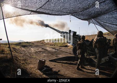 Kusu, Oita, Japan. 16th Apr, 2022. U.S. Marines with 3d Battalion, 12th Marines, 3d Marine Division, fire an M777 towed 155 mm howitzer during Artillery Relocation Training Program 22.1 at the Japan Ground Self-Defense Force Hijudai Training Area, Japan, April 16, 2022. ARTP is an exercise which contributes to the defense of Japan and the U.S.-Japan Alliance as the cornerstone of peace and security in the Indo-Pacific region. The skills developed at ARTP increase the lethality and proficiency of the only permanently forward-deployed artillery unit in the Marine Corps, enabling them to provid Stock Photo