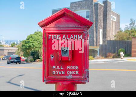 Red traditional fire alarm at San Francisco in California Stock Photo