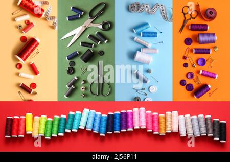 Collage with threads and tailoring supplies on color background, top view Stock Photo