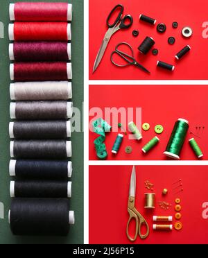 Collage with different threads and tailoring supplies, top view Stock Photo