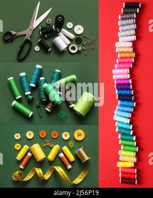 Collage with different threads and tailoring supplies, top view Stock Photo