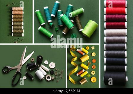 Collage with threads and tailoring supplies on green background, top view Stock Photo