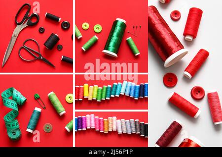 Collage with threads and tailoring supplies on color background, top view Stock Photo