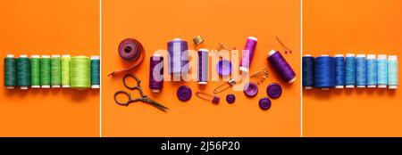 Collage with different threads and tailoring supplies on orange background, top view Stock Photo