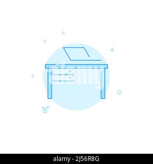 Table and laptop vector icon. Flat illustration. Filled line style. Blue monochrome design. Editable stroke. Adjust line weight. Stock Vector