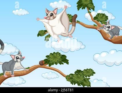 Scene with sugar gliders gliding in the sky illustration Stock Vector