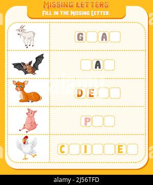 Fill the missing letter of each word worksheet for children illustration Stock Vector