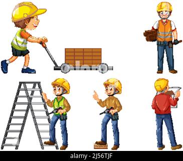 Set of construction site objects and workers illustration Stock Vector