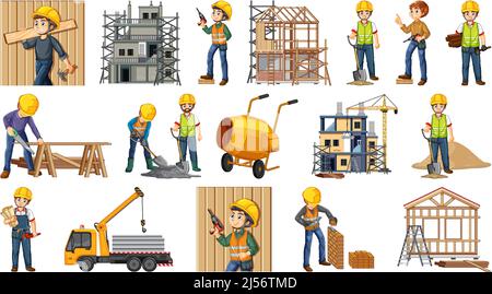 Set of construction site objects and workers illustration Stock Vector