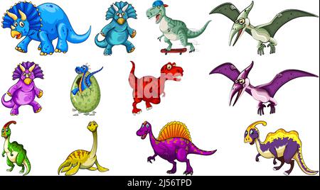 Many dinosaurs on white background illustration Stock Vector