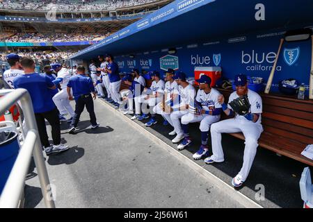 Los Angeles, United States. 20th Apr, 2022. Los Angeles Dodgers players sit  in the dugout prior to an MLB regular season game against the Atlanta  Braves, Wednesday, April 20th, 2022, in Los