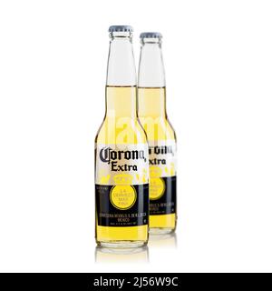 Tallinn, Estonia - March, 2022: Corona Extra beer isolated on white, produced by in Mexico. Stock Photo