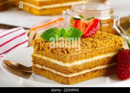 Tasty dessert honey cake. Slice of layered honey cake. Stock Photo