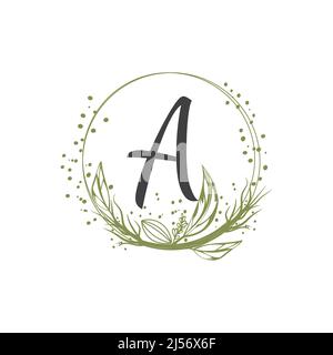 Hand drawn floral vector logo template in elegant and minimal style with green color Circle frame logo. For badges, labels, logos, and branding busine Stock Vector