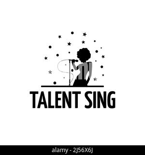 Logo design with isolated female singer and microphone, karaoke and microphone and musical notes, singing party or club composition, isolated collecti Stock Vector