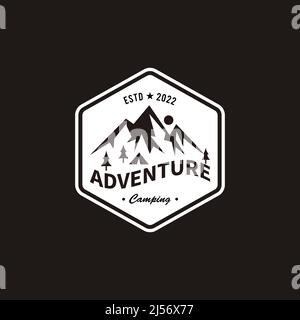 Summer camp and outdoor adventure illustration logo, mountain, coat of arms, hexagon Stock Vector