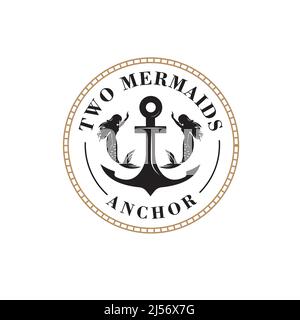 Logo design of two beautiful mermaids with long hair on anchor background in vintage traditional style, frill Stock Vector