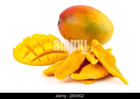 Dehydrated Mango Strips on a White Background Stock Photo