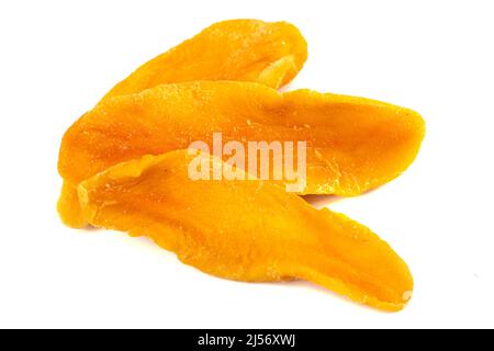 Dehydrated Mango Strips on a White Background Stock Photo